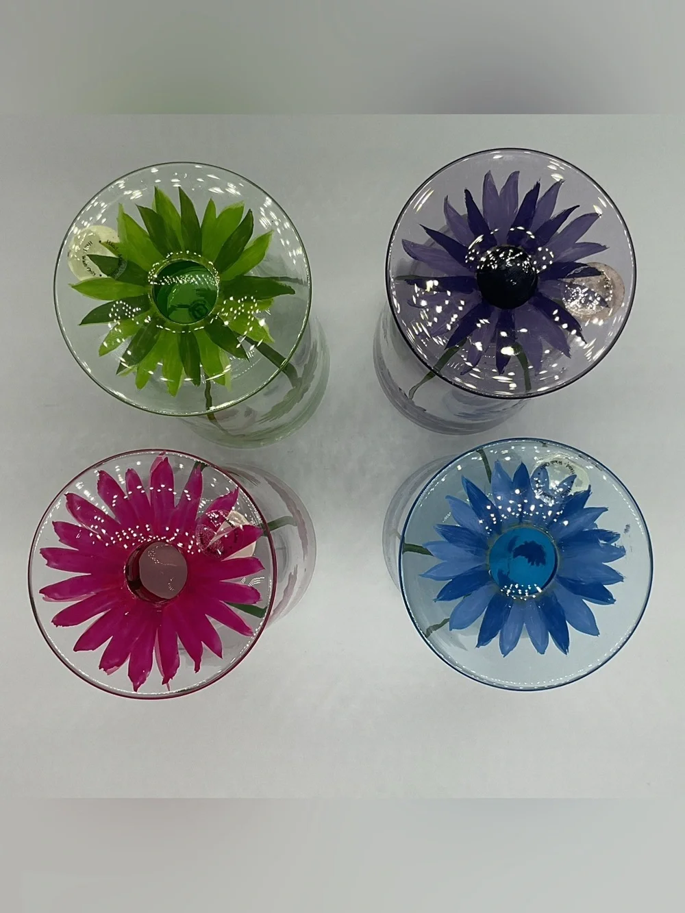 Block Crystal Daisy 4 Hand Painted All Purpose Water Tea Stemmed Glass Goblets